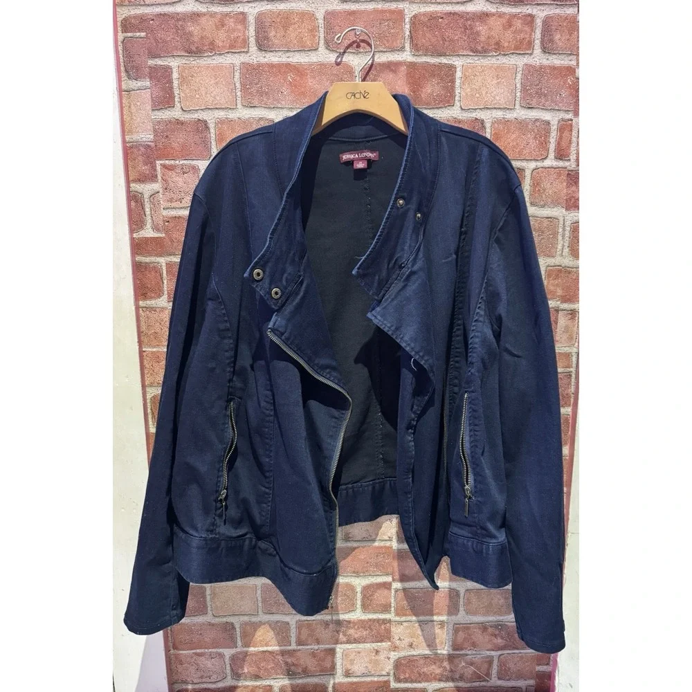 Jessica London Classic‎ Cotton Denim Jacket Women's PlusSize 24 Navy Blue W/ Zip